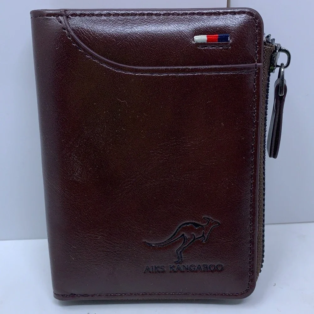 AIKS Kangaroo Mens Dark Brown Leather Zipper Closure RFID Blocking Wallet New